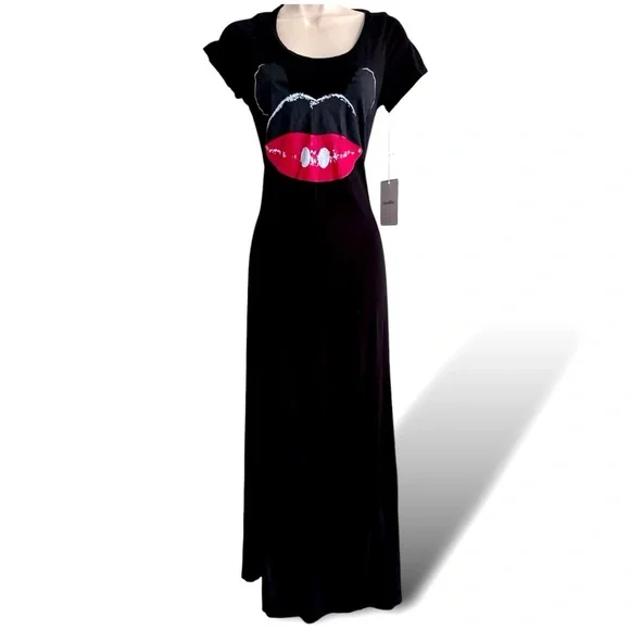 Lauren Moshi Black Maxi Dress with Pink Lips - Picture 1 of 10